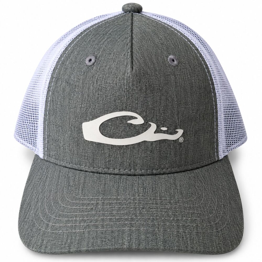 Drake Waterfowl Gray White Mesh Trucker Hat Duck Logo Snapback OSFM New